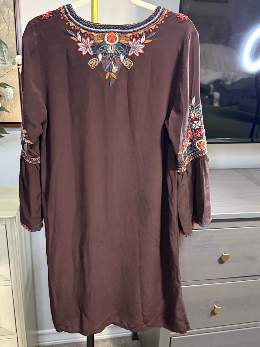 Johnny Was Brown Floral Embroidered Long Sleeve Boho Dress